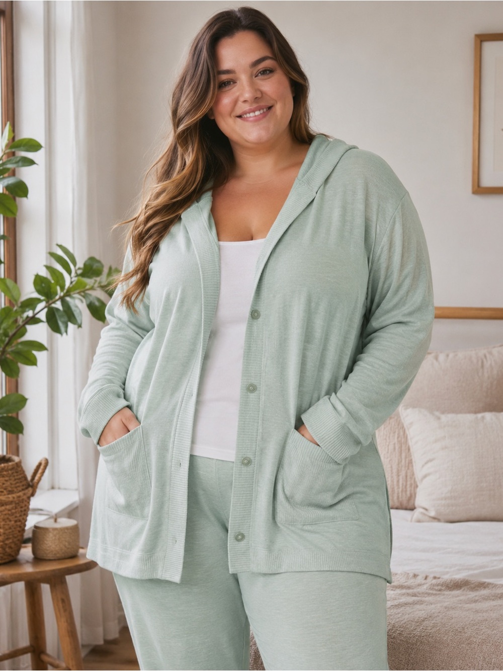 Torrid Sleep Cardigan SZ 4 Mint Green Hooded Button Front Lounge Sweater Soft